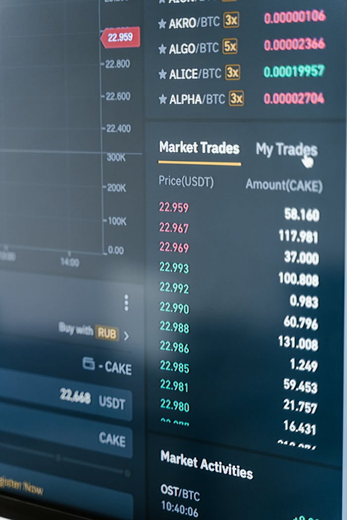 our-experience Close-up of a cryptocurrency trading screen showing market trades and activities.